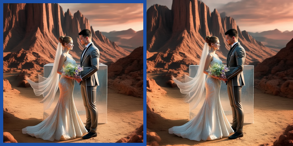 Comparison: MoonMath-optimized output (left) and baseline without MoonMath (right), futuristic wedding on Mars