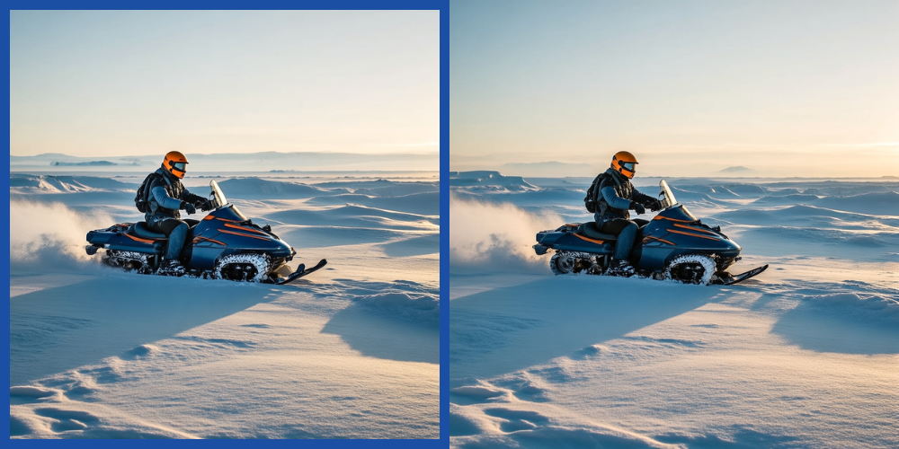 Comparison: MoonMath-optimized output (left) and baseline without MoonMath (right), snowmobile on Antarctic tundra at golden hour
